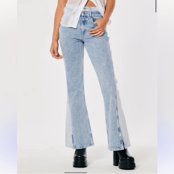 Social Tourist Denim - Social Tourist W28R Two-Tone Ultra High Rise Flare Jeans Contrast Wash Denim